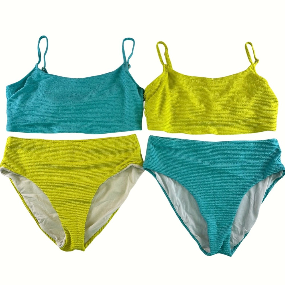 Freshwater Women XL 2 High Waisted Bikini Sets Textured Smocked Teal Neon Green